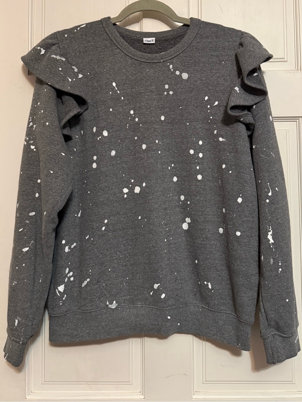 Clare V-Gray Ruffle Shoulder Paint Splatter Sweatshirt
